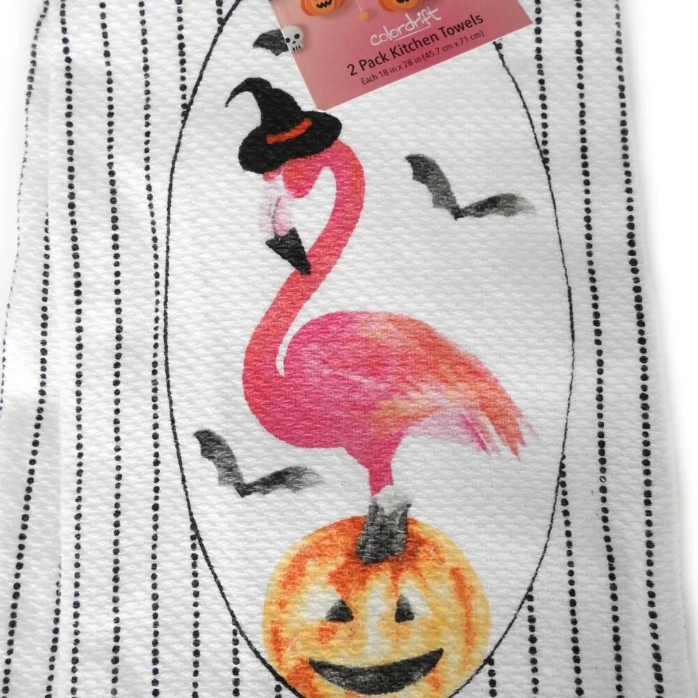NWT Colordrift Halloween Flamingo Pumpkin Cotton Kitchen Towels Pack 2 Stripes